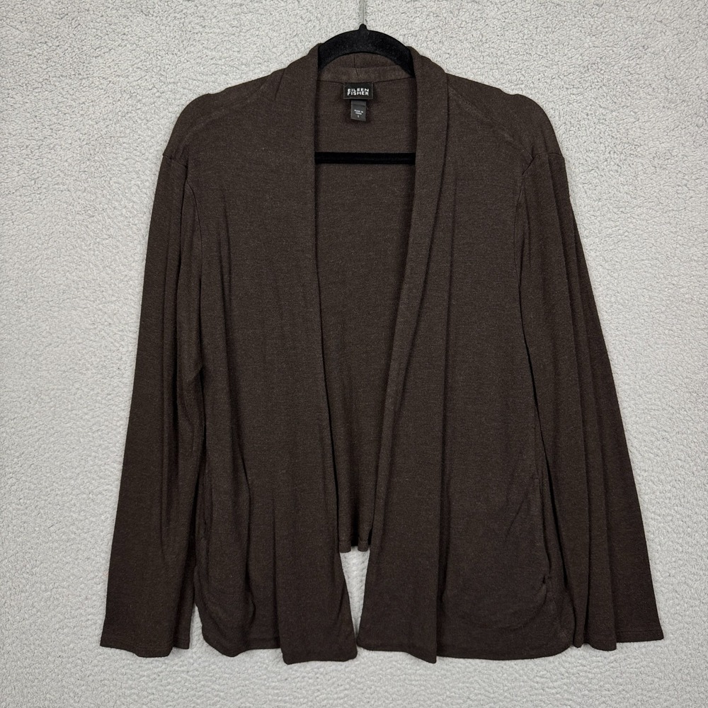 Eileen Fisher Cardigan Women L Brown Open Front Viscose Minimalist Office Mature
